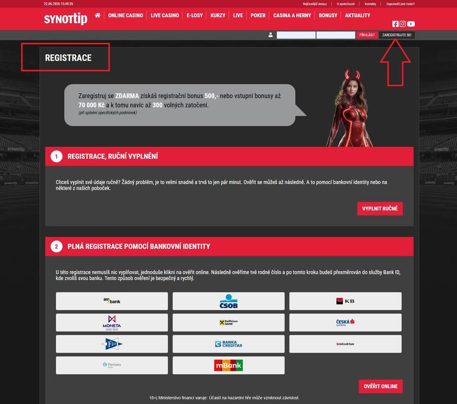 SYNOT TIP casino registrace přes bankID