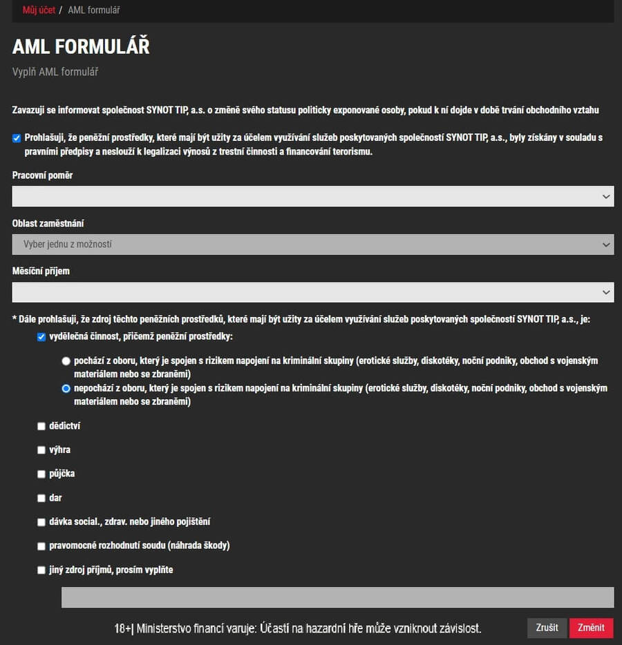 Vyplnění AML formuláře