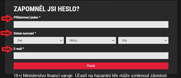 SYNOT TIP casino zapomenuté heslo