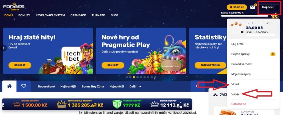 Přehledy o&nbsp;provedených vkladech a&nbsp;výběrech u&nbsp;Forbes casina