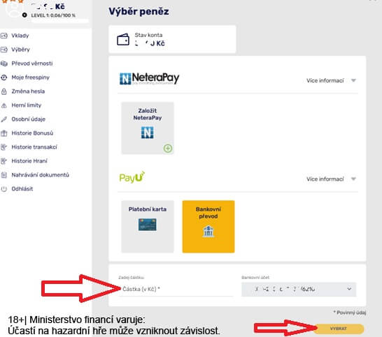 Postup výběru u&nbsp;Forbes na bankovní účet
