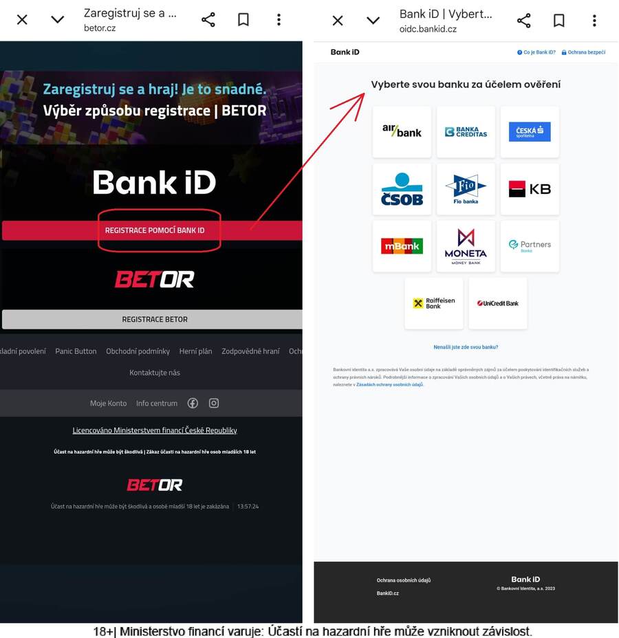 Registrace přes Bank ID u&nbsp;Betoru