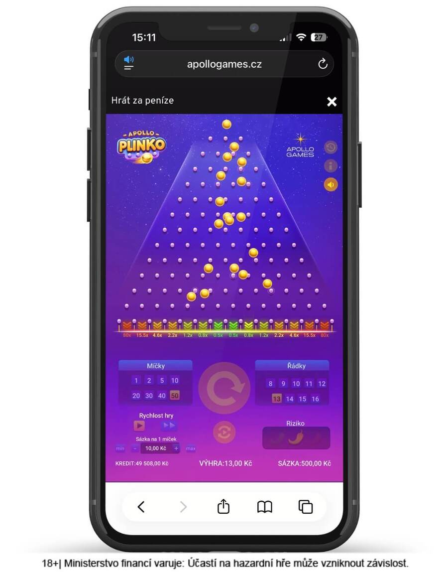 Apollo Plinko s&nbsp;možností nastavení rizika
