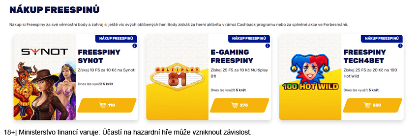 Volné otočky ve Forbes casinu lze zakoupit za věrnostní body