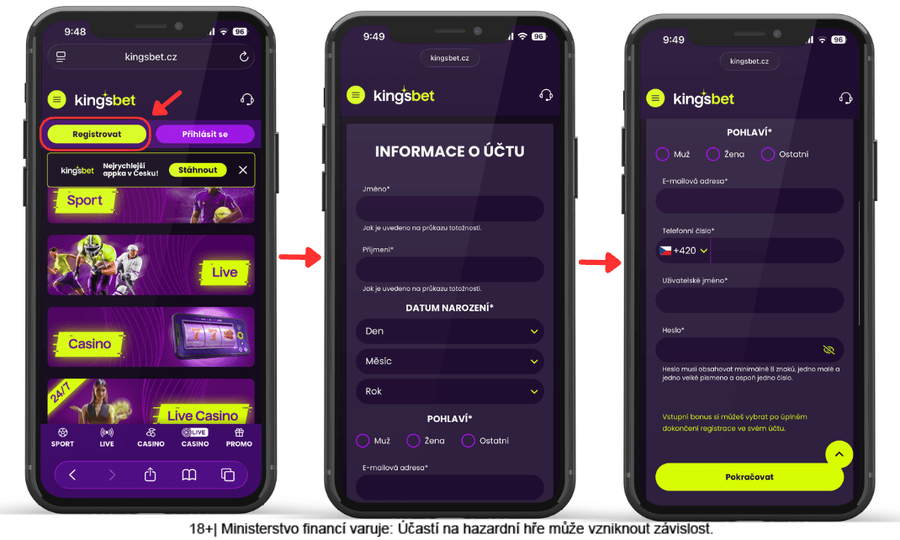 Kingsbet registrace – otevření registračního formuláře