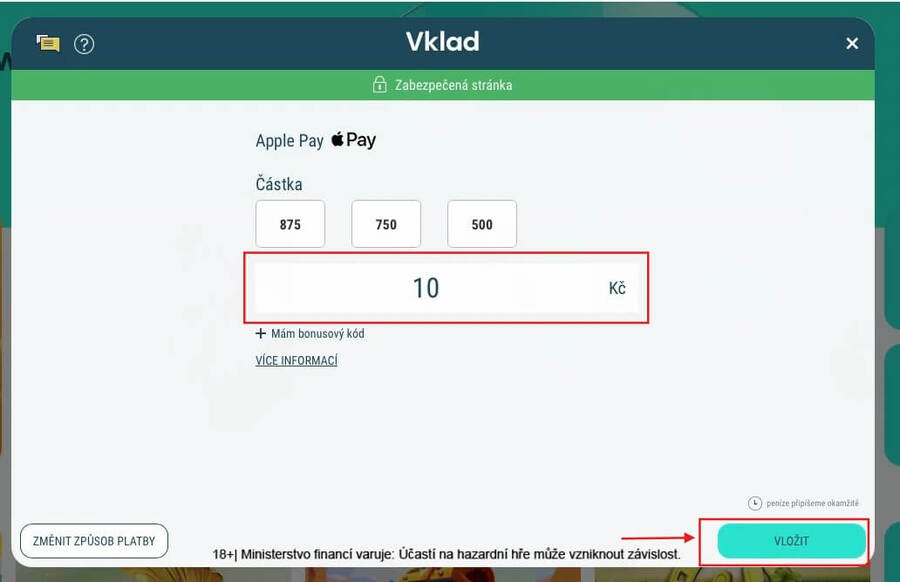 Zadejte částku pro vklad a&nbsp;potvrďte