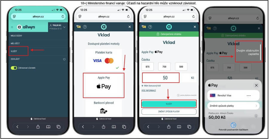 Vklad přes Apple Pay na mobilu