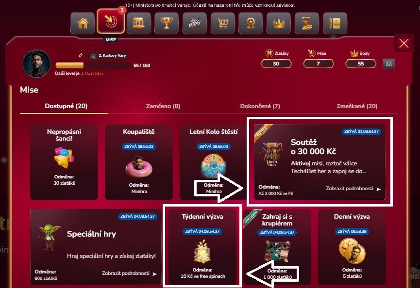 Ve VIP zóně máte denně na výběr z&nbsp;několika misí o&nbsp;free spiny
