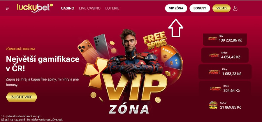 Do VIP zóny s&nbsp;free spiny přejdete po přihlášení přímo na hlavní stránce