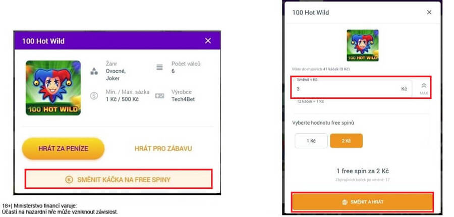 Směna Káček za registraci na free spiny