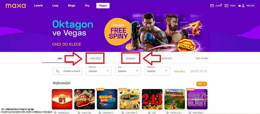 Akce s&nbsp;free spiny se objevují v&nbsp;záložkách BONUSY a&nbsp;SOUTĚŽE