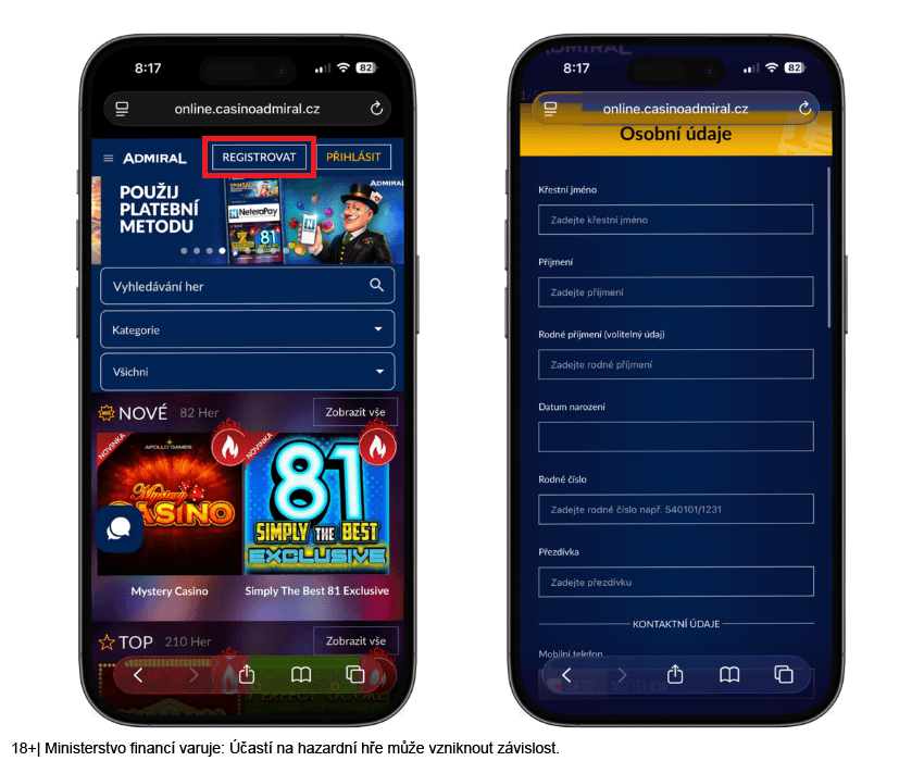 Admiral registrace na mobilním telefonu