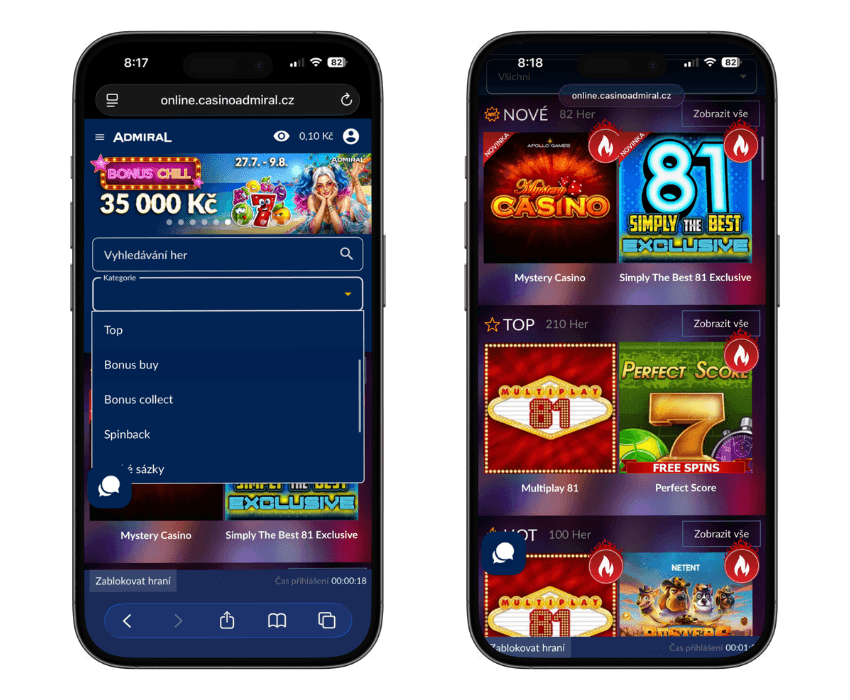 Admiral automaty na mobilním telefonu
