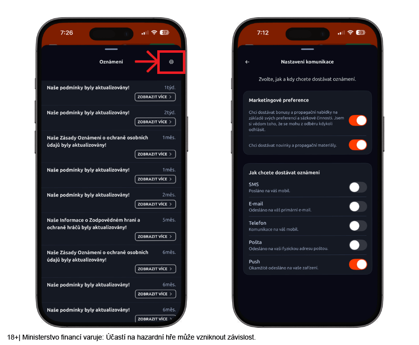 Nastavení notifikací v&nbsp;aplikaci Betano