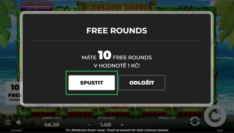 Po spuštění automatu, na který je bonus určen, free spiny přijměte a&nbsp;odehrajte