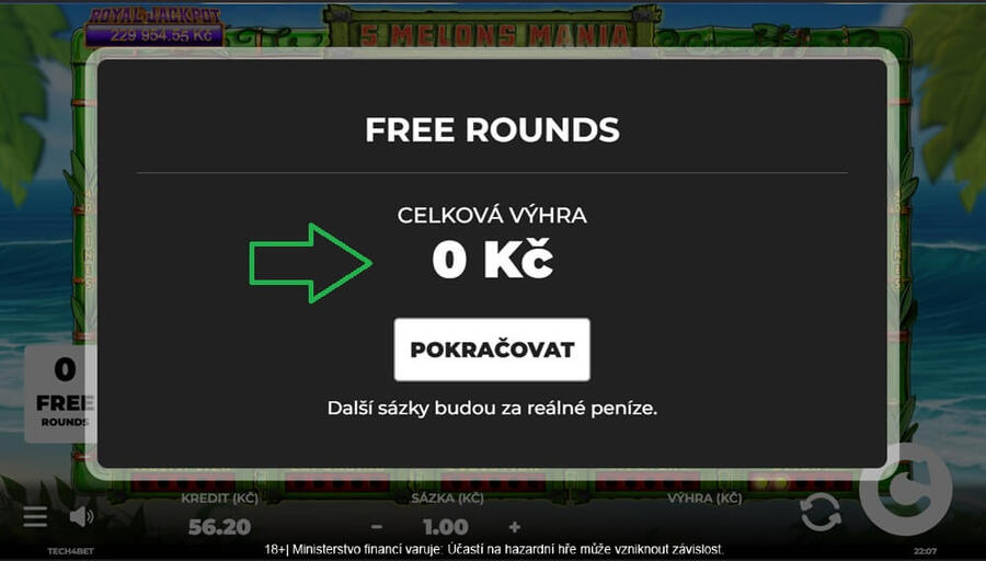 Po odehrání bonusových free spinů se zobrazí součet celkových výher
