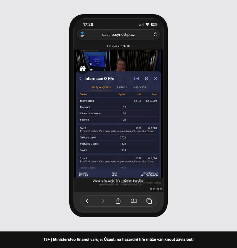 Pravidla, limity a&nbsp;vedlejší sázky live blackjacku