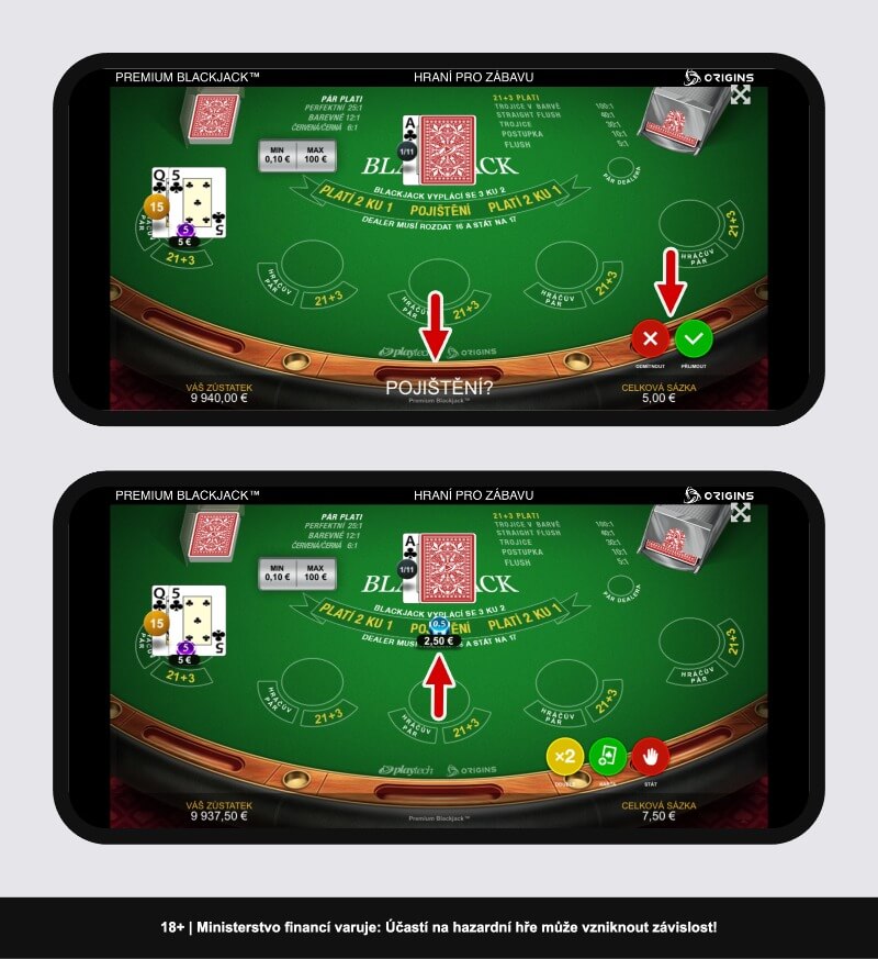 Dealer má eso a&nbsp;nabízí pojištění v&nbsp;blackjacku