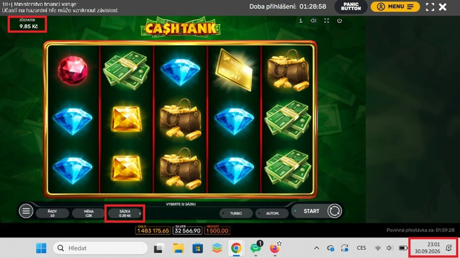 Zahájení našeho redakčního testu s&nbsp;haléřovým automatem Cash Tank ve Forbes casinu